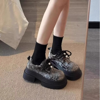 大头系带小皮鞋女2025春季新款小个子厚底女鞋子时尚增高乐福单鞋