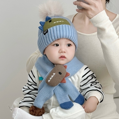 宝宝毛线保暖帽恐龙蓝