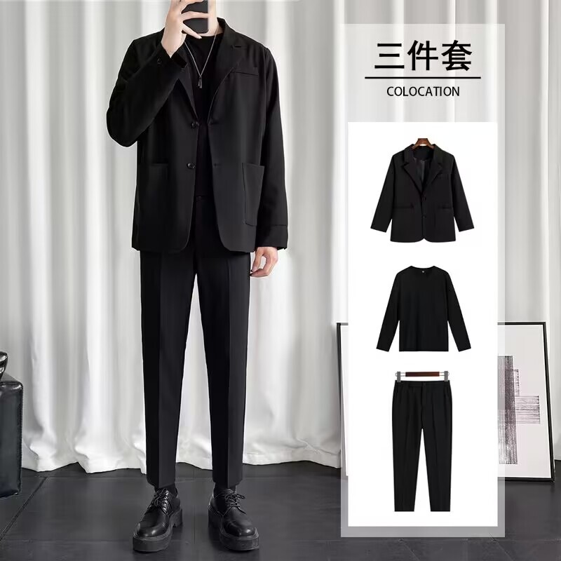 캐주얼 정장 정장 남성 봄 정장 재킷 3피스 한국식 긴팔 티셔츠 루즈한 스트레이트 바지