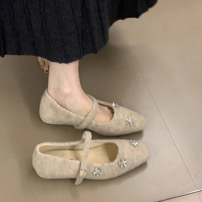 内增高复古毛呢水钻毛毛鞋单鞋女2025秋冬新款配裙子加绒玛丽珍鞋
