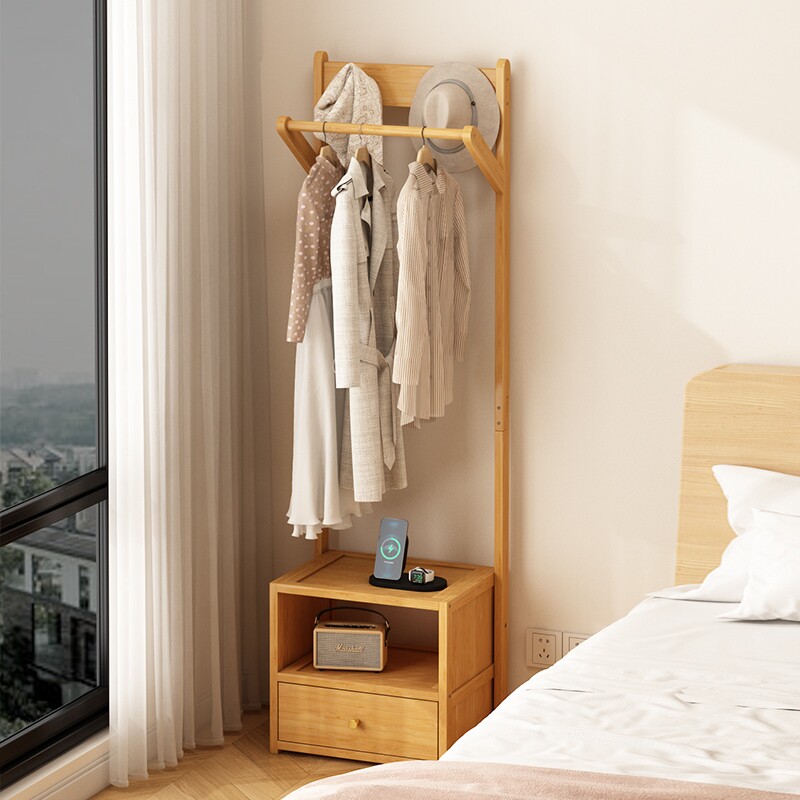 挂衣架床头柜一体实木衣架落地卧室家用床边衣服挂架置物架衣帽架