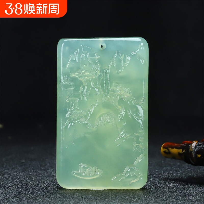 送证书天然高冰种浅绿色湖水绿岫玉江山如画山水牌玉石吊坠挂件