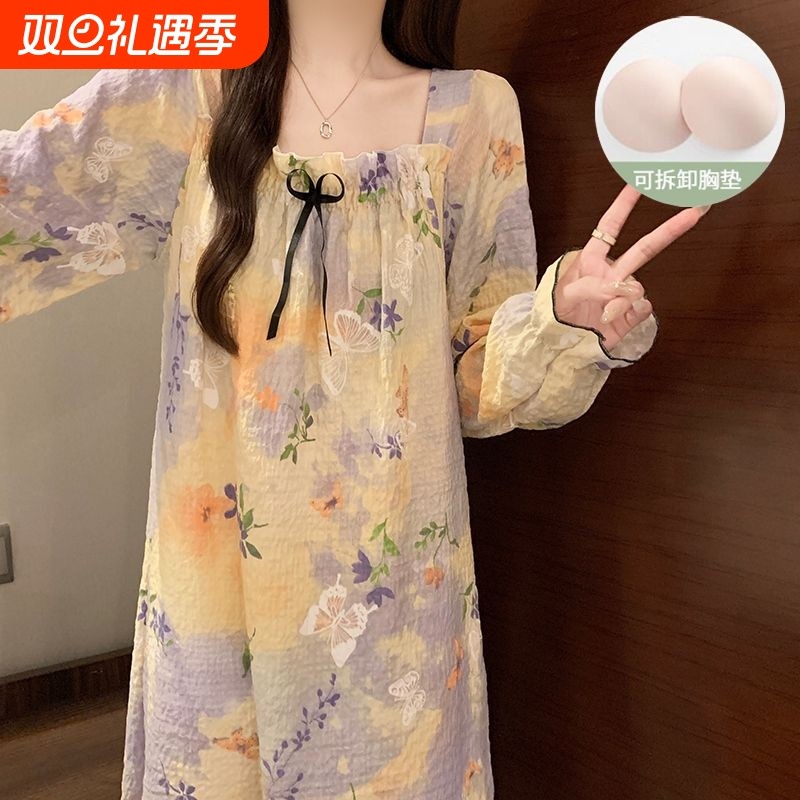 2025新款带胸垫长袖睡裙女秋冬季中长款连衣裙睡衣居服套装可外穿
