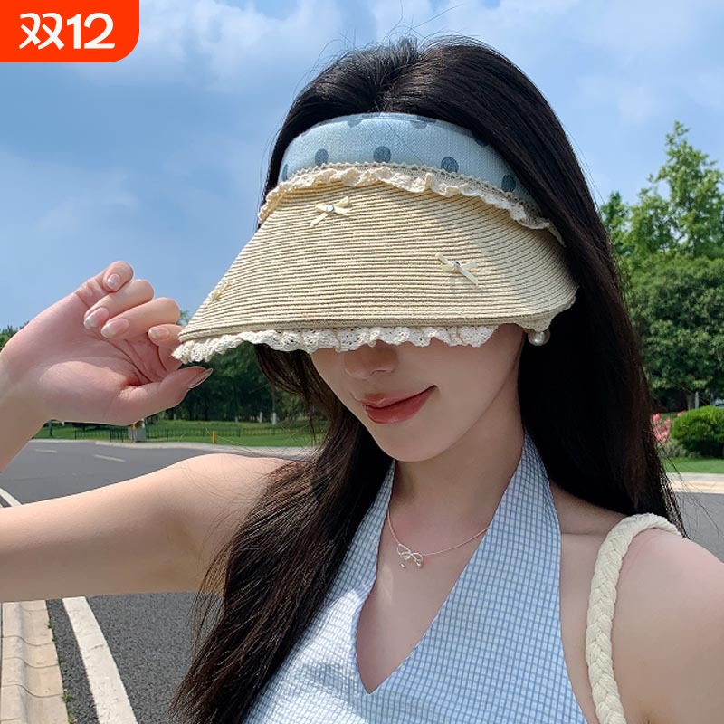 全新升级款丝花边蝴蝶结空顶帽子女款大帽檐遮阳防晒帽海边沙滩帽