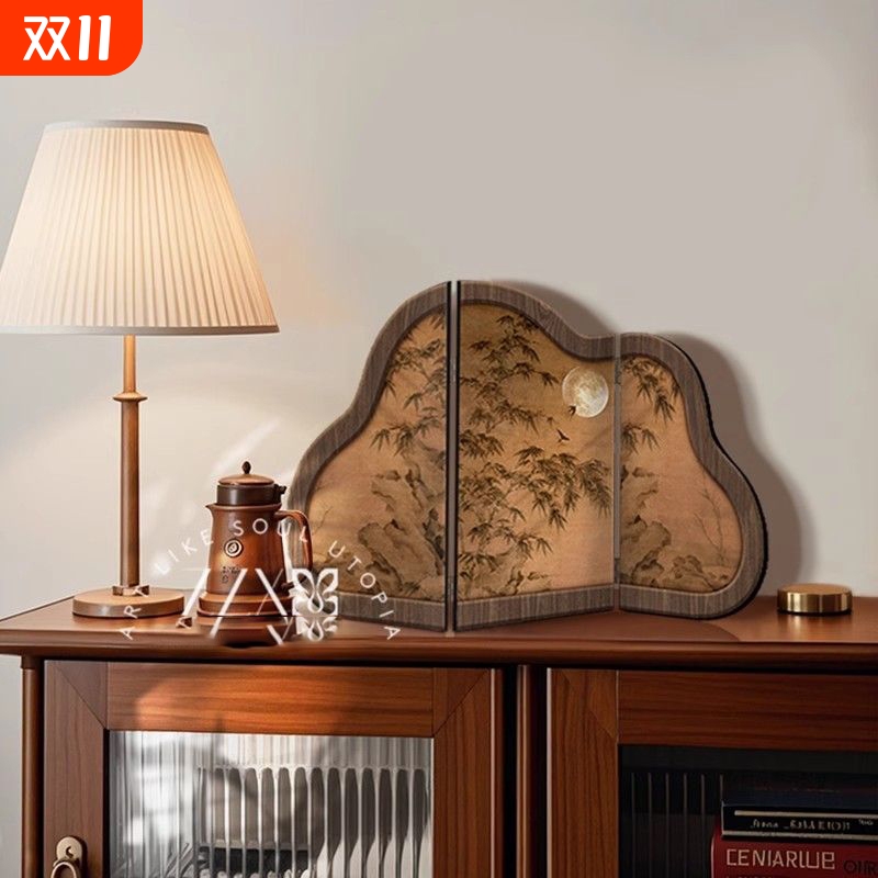 中古风墨竹图桌面屏风摆件新中式客厅茶桌入户玄关边柜装饰品摆画图片