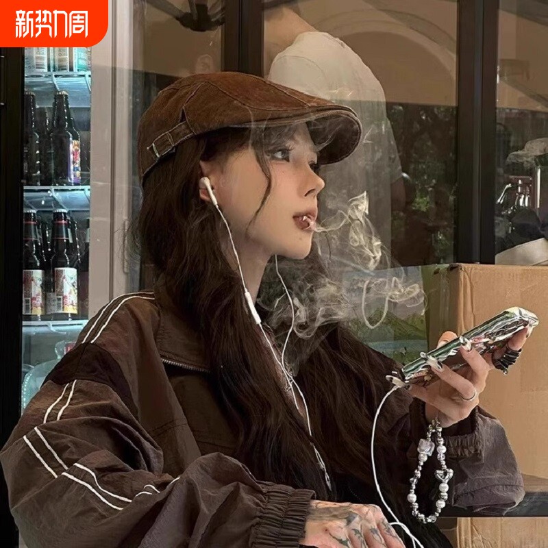 美式复古咖色牛仔前进帽女夏y2k亚比帽子美拉德鸭舌帽棕色贝雷帽