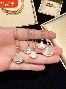 高定品质扇形小裙子项链女纯银镀18K金红黑玛瑙孔雀白贝母大扇子