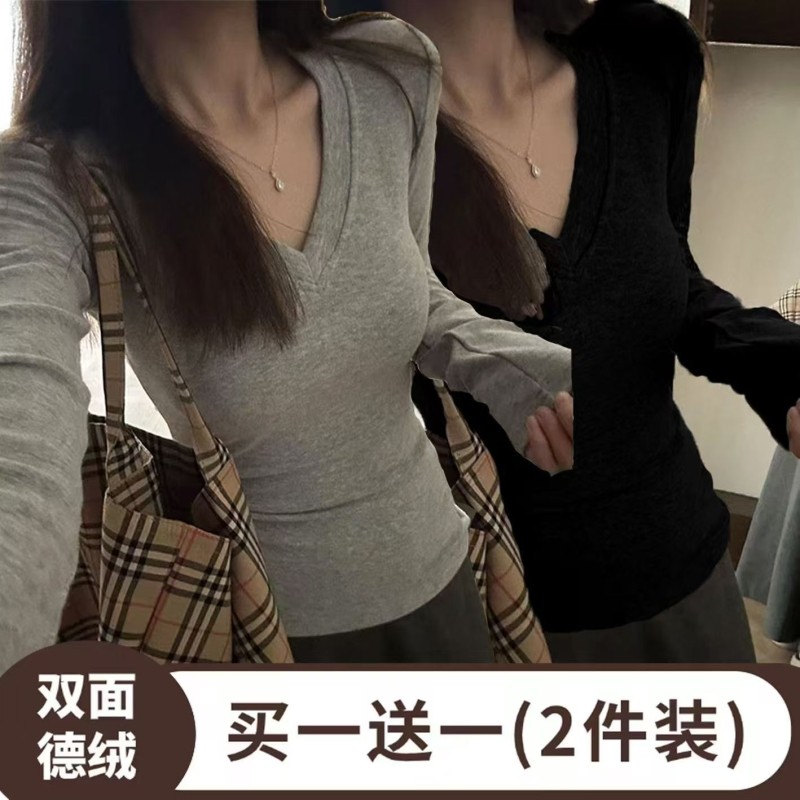 秋冬新款正肩V领长袖T恤女德绒设计保暖加绒减龄上衣服G白色黑色