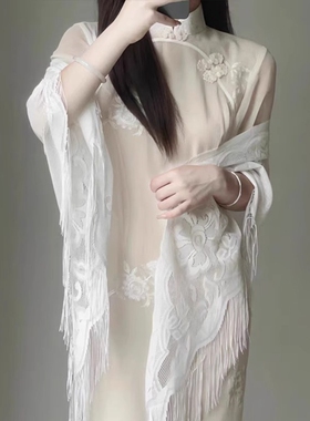 新中式中国风高级感蕾丝旗袍披肩防晒衣外搭女薄流苏开衫外套