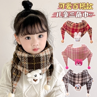 秋冬儿童格子围巾加厚保暖三角巾披肩男女孩护颈围脖薄款 红色绿色