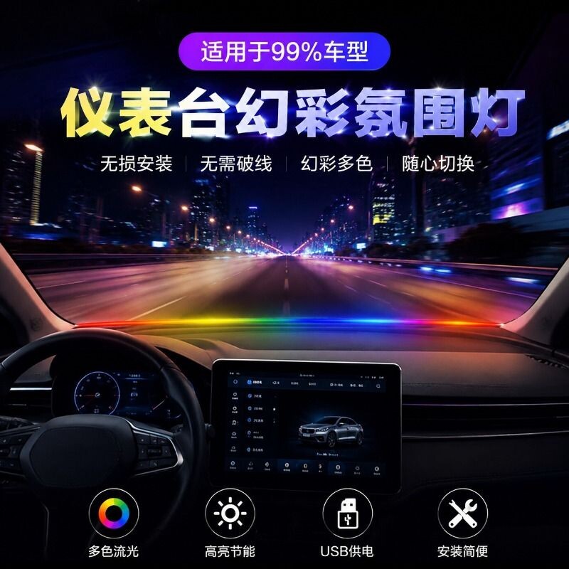 汽车LED中控环抱式贯穿USB仪表台律动氛围灯车内车载音乐声控图片
