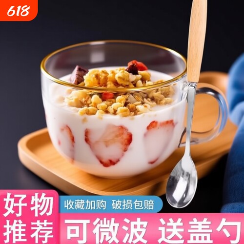 酸奶碗大容量玻璃杯燕麦片早餐杯子女牛奶杯带盖勺碗杯带把咖啡杯
