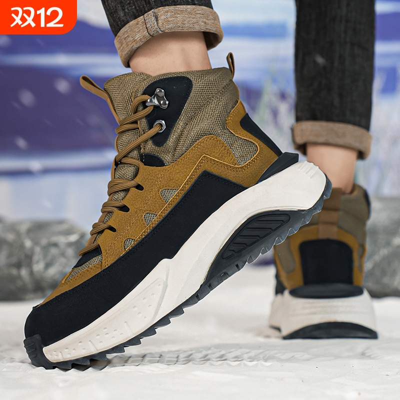 秋冬季撞色户外高帮系带厚底鞋男士加绒加厚休闲棉鞋新款雪地靴