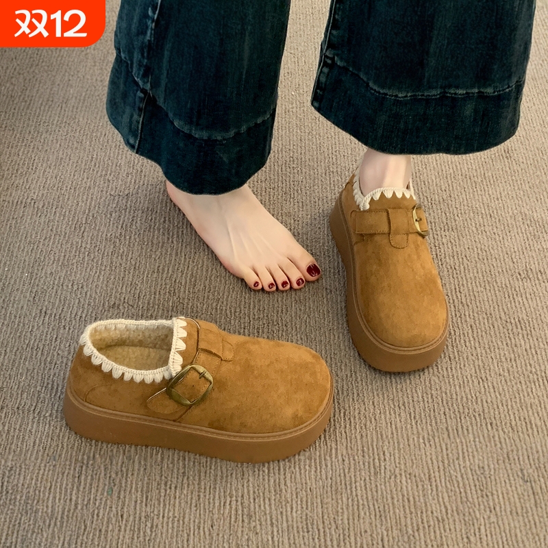 厚底加绒勃肯鞋女2025新款秋冬季豆豆乐福鞋保暖雪地靴低帮棉鞋子