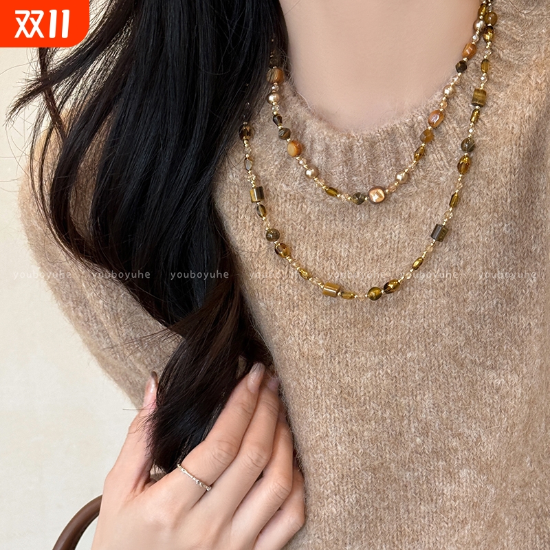 真金电镀虎眼石款几何项链高级感气质锁骨链时尚通勤项饰女