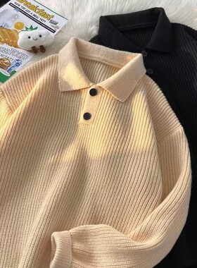 纯色polo领毛衣男女秋季大码针织衫日系复古情侣保暖线衣黑色棕色