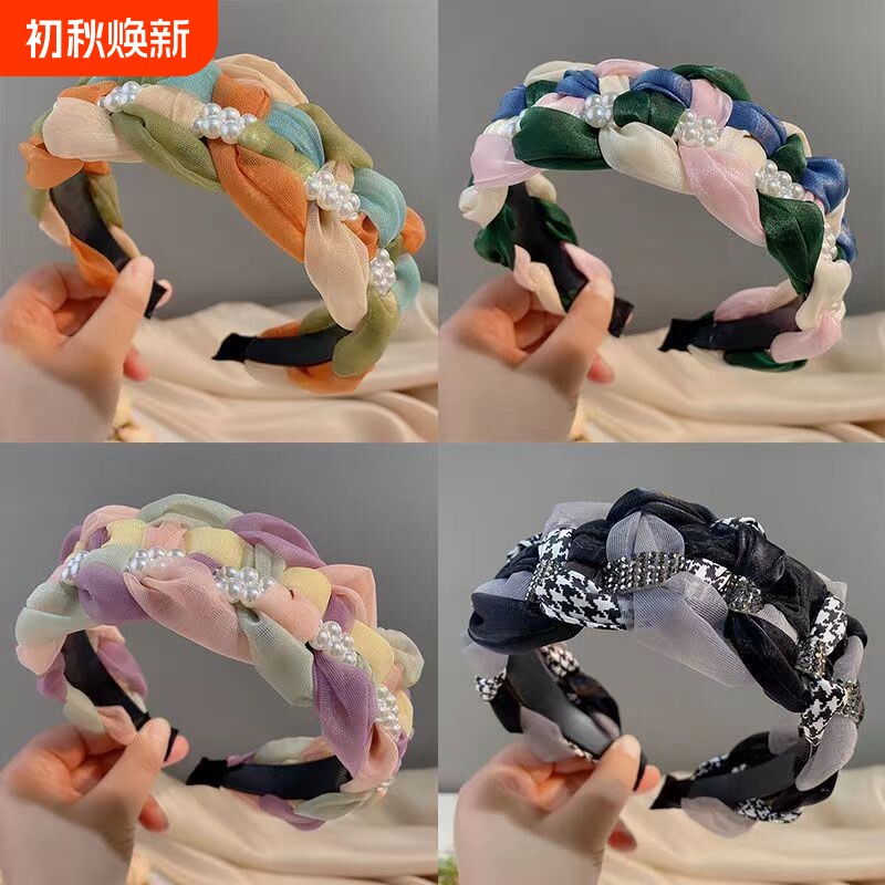 高档成人发箍新款加宽发卡带齿防滑发箍女士珍珠麻花编制压发头箍
