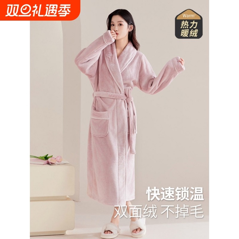 红豆睡袍女冬季新款睡衣法兰绒秋冬浴袍男女高级感珊瑚绒加绒加厚