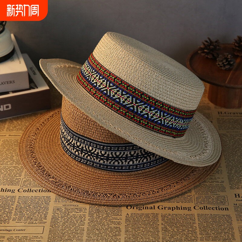 波西米亚民族风海边沙滩遮阳草帽女夏季出游防晒百搭平顶宽檐礼帽
