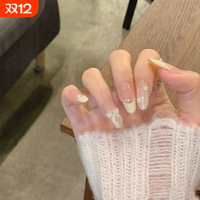 纯手工穿戴美甲冰糯蝴蝶结元气少女感可爱百搭穿戴甲千金法式椭圆