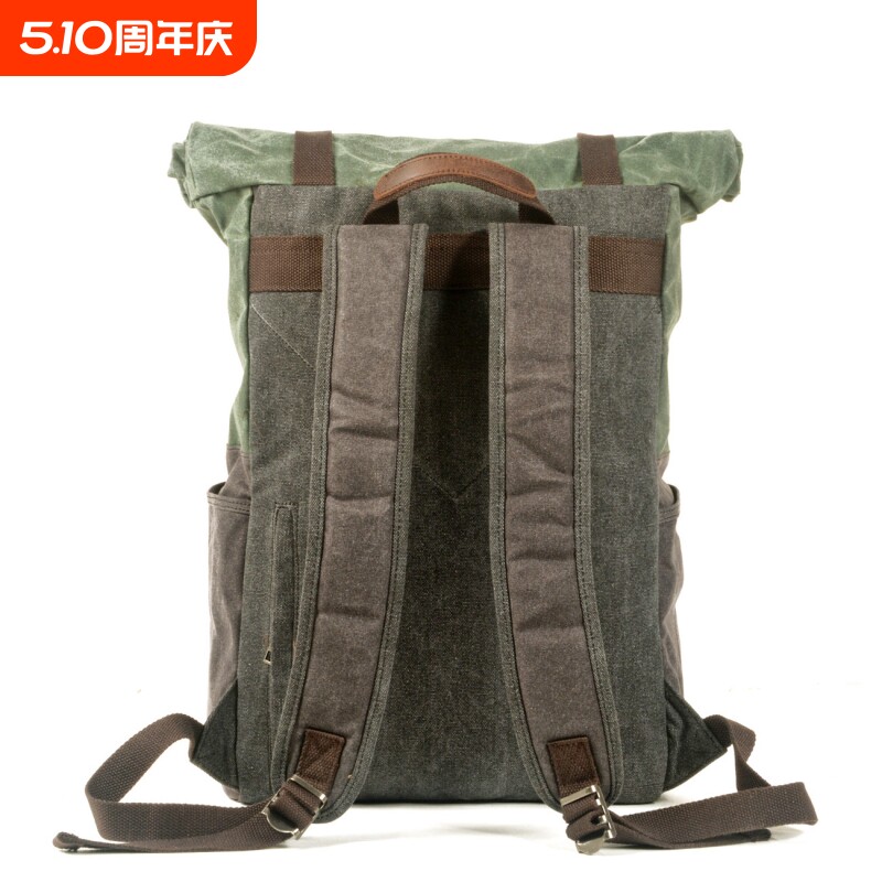 欧美复古帆布包油蜡帆布撞色双肩包户外徒步旅行登山背囊学生书包