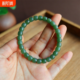 正品 和田玉俄料碧玉老料阳绿直切手链真玉石手串保真送妈妈女友礼