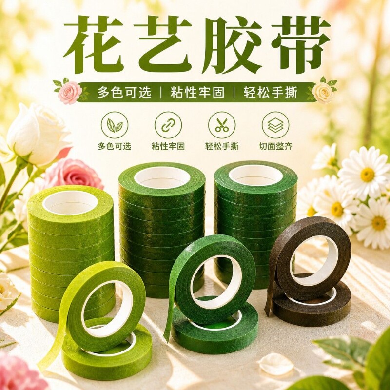 花艺胶带扭扭棒皱纹纸花束丝缠绕胶纸手工diy材料绿色胶布纸质胶双面双面胶园艺粘性强盆景造型植物高粘度