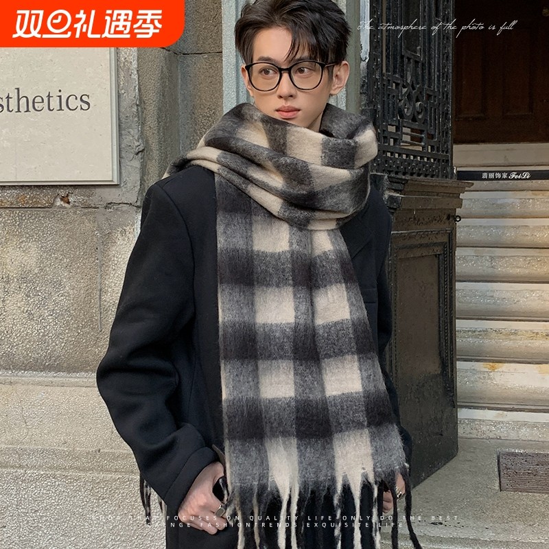 黑白格子围巾男冬季2025新款披肩韩系高级氛围感加厚学生保暖围脖