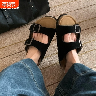 细细条 休闲时尚方扣磨砂牛皮勃肯鞋夏防滑外穿软木双带拖鞋女ins
