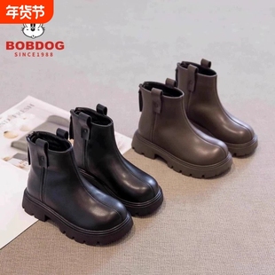 巴布豆真皮女童靴子短靴2025新款秋冬儿童时尚百搭宝宝加绒马丁靴