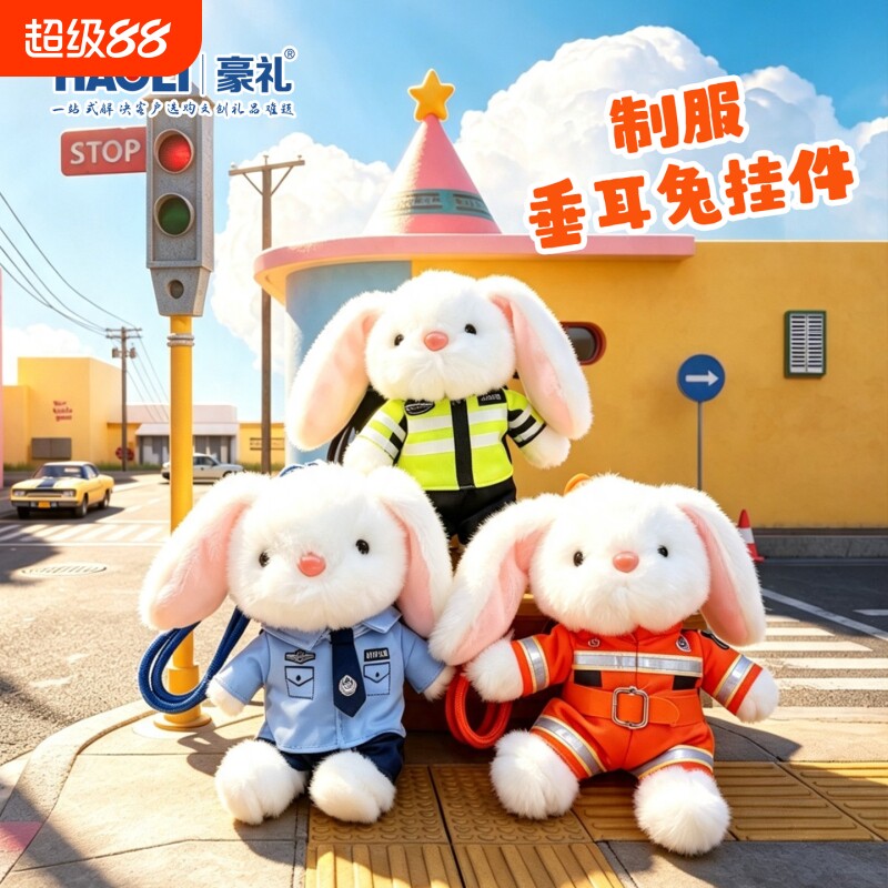 豪礼毛绒垂耳兔警察消防员钥匙扣