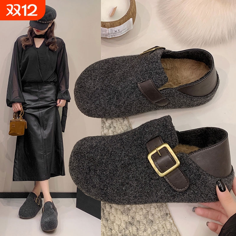 厚底内增高两穿勃肯鞋女2025新款秋冬毛呢懒人加绒棉鞋单鞋圆头