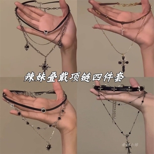 「黑绳甜酷心」叠戴项链女辣妹黑皮绳链锁骨链choker颈链酷风钛钢