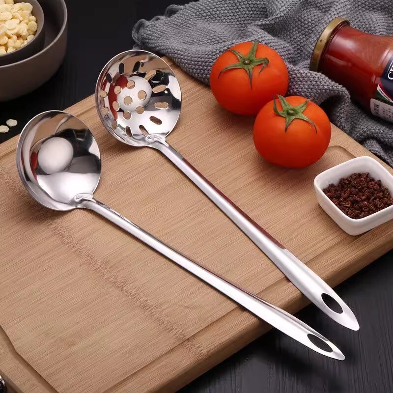 304不锈钢勺子家用长柄火锅勺盛汤勺漏勺套装大号加深加厚410勺
