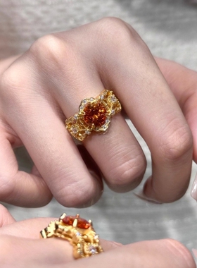 中古vintage显白橙色锆石镂空点钻戒指精致轻奢指环