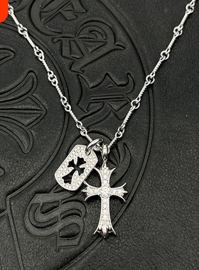 ODEK白金色十字架满钻小吊牌项链白钻男女个性吊坠经典毛衣链轻奢
