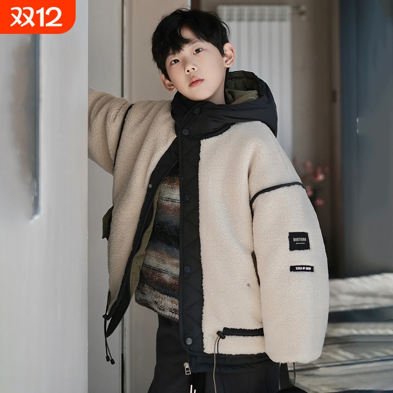 男童外套春秋冬装毛绒连帽夹棉开衫儿童棉衣童装棉服羊毛羽绒服