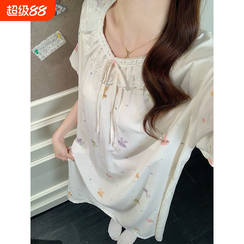 夏季甜美卡通兔子睡裙女云朵棉带胸垫一体高颜值连衣裙棉绸家居服