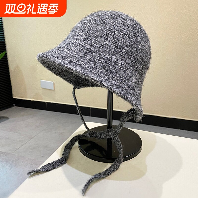 韩版ins日系复古后开叉系带针织渔夫帽女遮阳防晒百搭显脸小盆帽