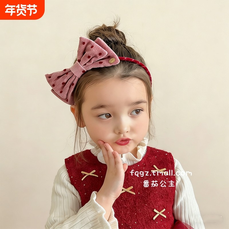 儿童植绒蝴蝶结波点发箍秋冬新款小熊压发卡宝宝新年防滑不勒头箍
