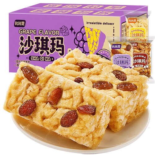 比比赞葡萄味沙琪玛1000g整箱宵夜充饥早餐糕点多规格