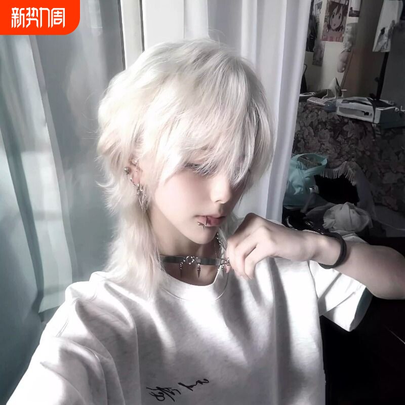 狼尾假发男短发日系网红鲻鱼头酷帅气cos白色男士仿真发全头套式