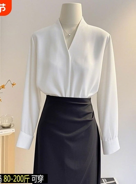 高级感轻奢港风白色V领衬衫女短袖春秋缎面大码垂感长袖上衣职业