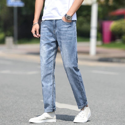 夏季超薄款男士牛仔裤直筒宽松潮牌弹力浅色夏天冰丝休闲长裤子男