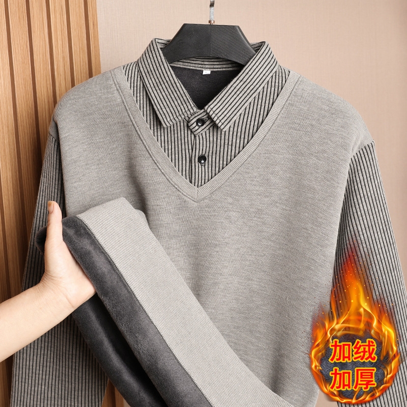 秋冬季加绒加厚保暖毛衣男士假两件衬衫领针织衫爸爸装休闲打底衫