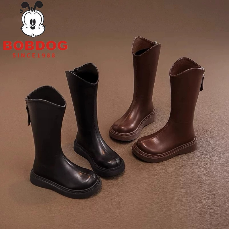 巴布豆女童儿童靴子高筒2025秋季新款皮靴长靴马丁靴加绒中筒黑色