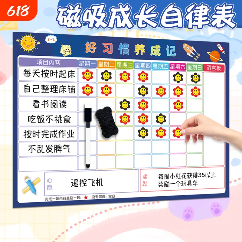 儿童成长自律表磁性墙贴小学生时间管理宝宝奖励贴纸积分卡孩子暑假好习惯养成表扬板榜幼儿园学习打卡计划表