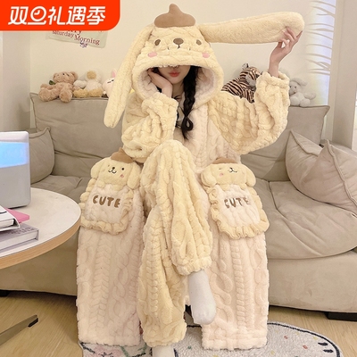 秋冬季睡袍女款珊瑚绒2025新款睡衣加绒加厚卡通冬天可外穿家居服