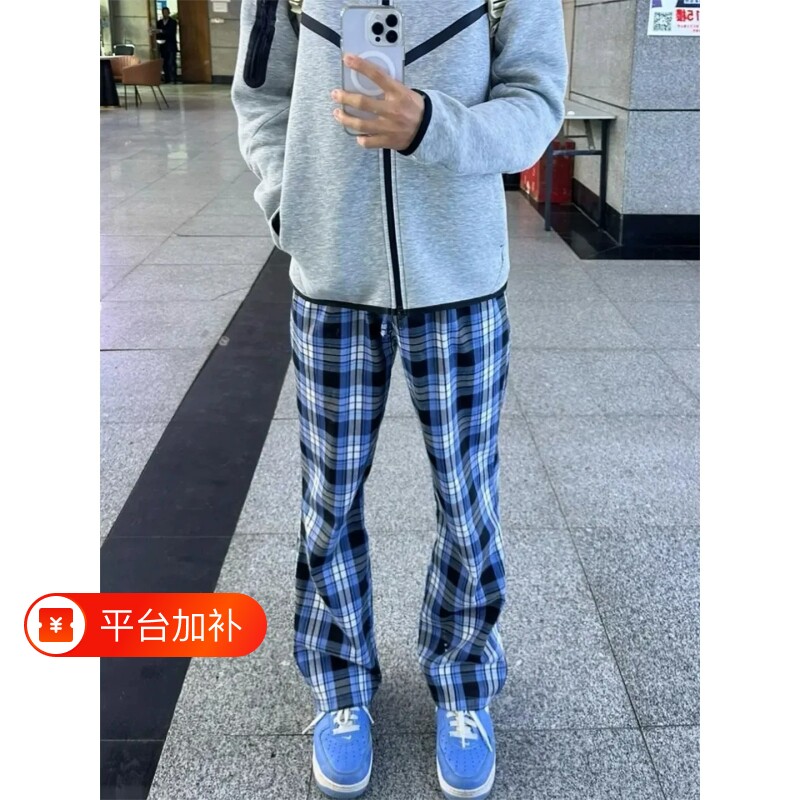 cleanfit蓝色格子裤子男款秋季美式运动裤潮流百搭休闲微喇直筒裤