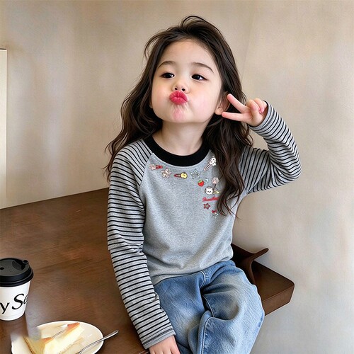 女童德绒条纹圆领打底衫童装秋冬季中大童韩版保暖内搭长袖T恤潮